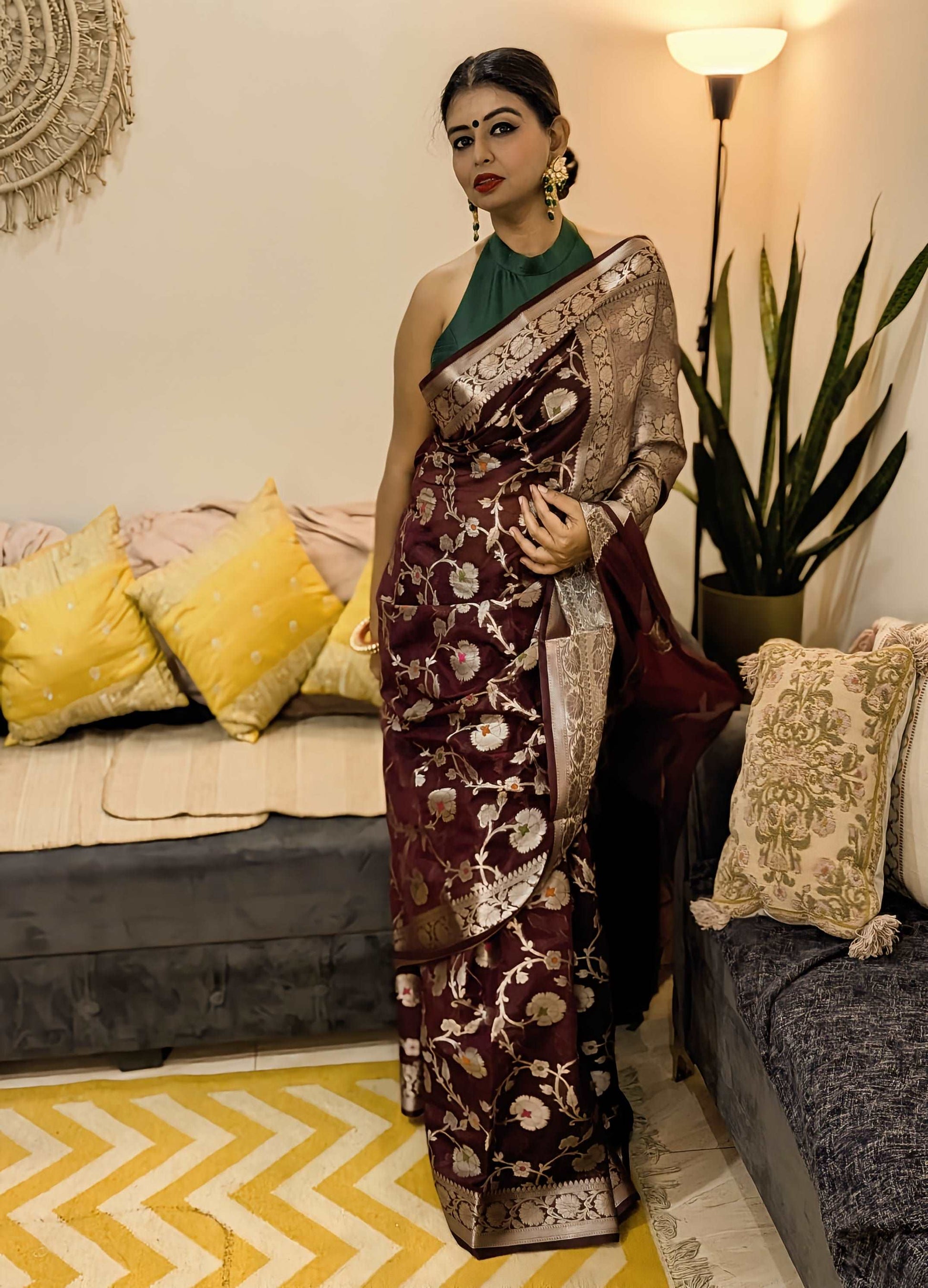 Brown Meenakari Jaal Banarasi Semi Georgette Saree