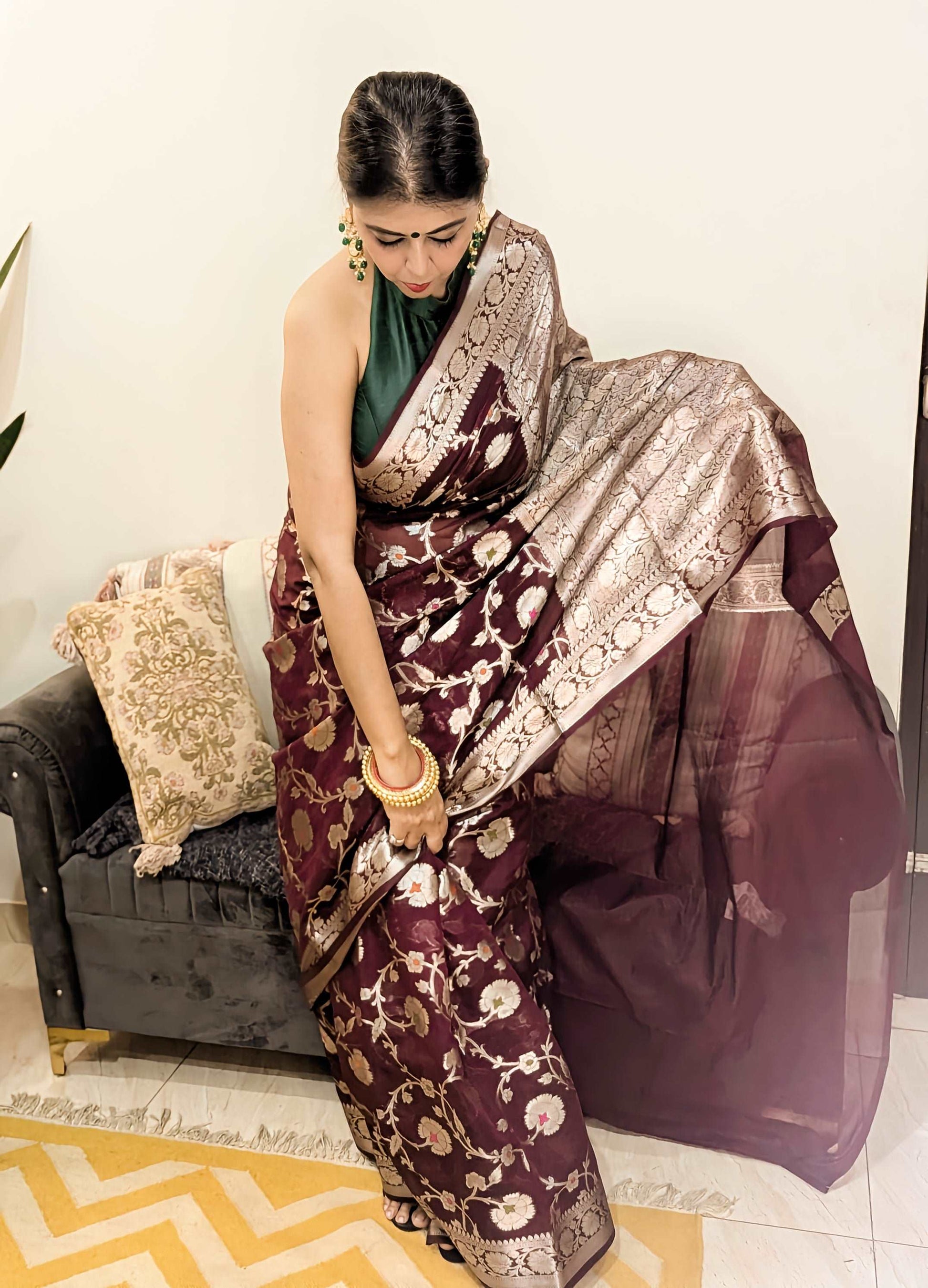 Brown Meenakari Jaal Banarasi Semi Georgette Saree