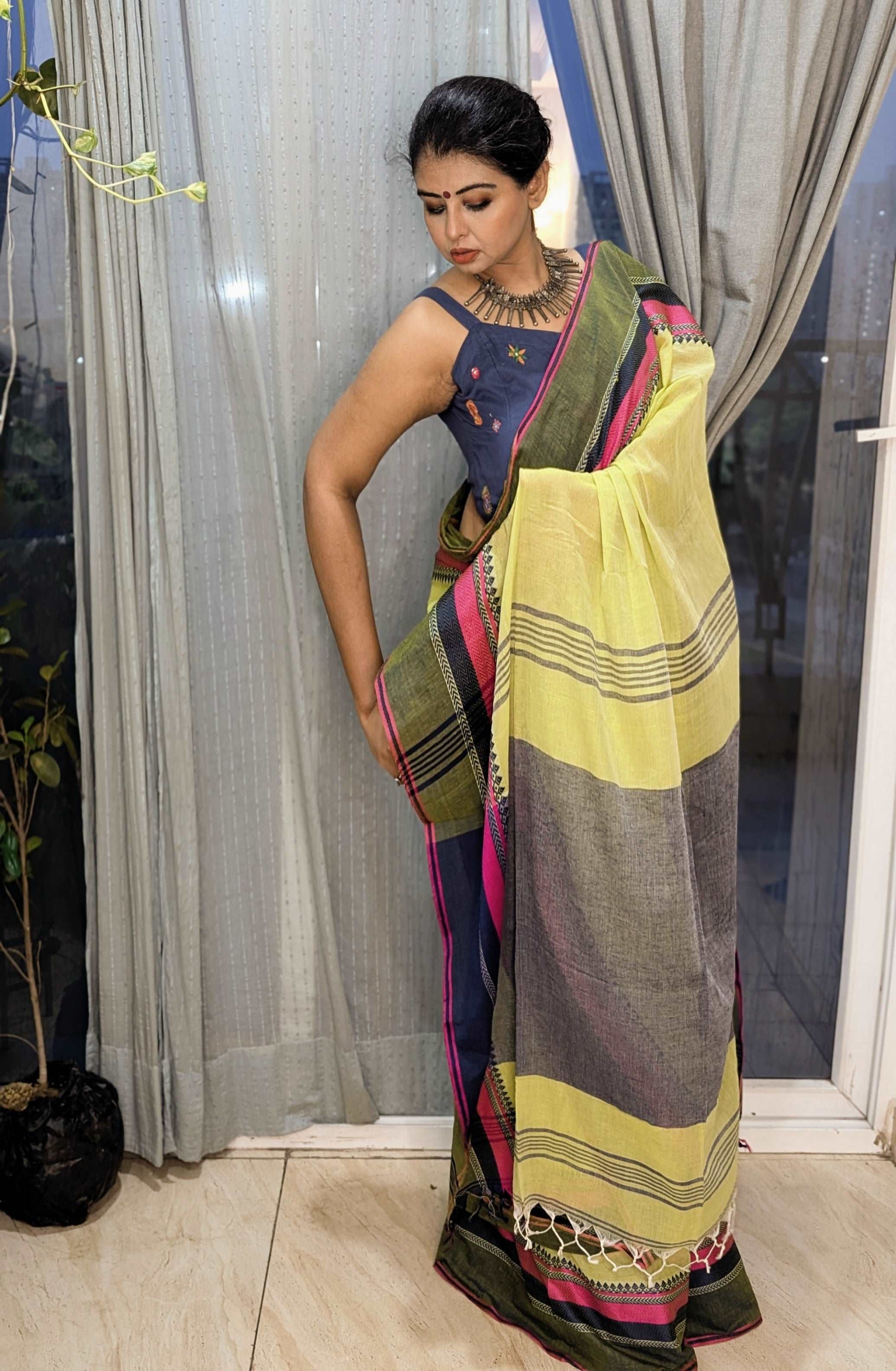 Lime Yellow Bengal Loom Saree