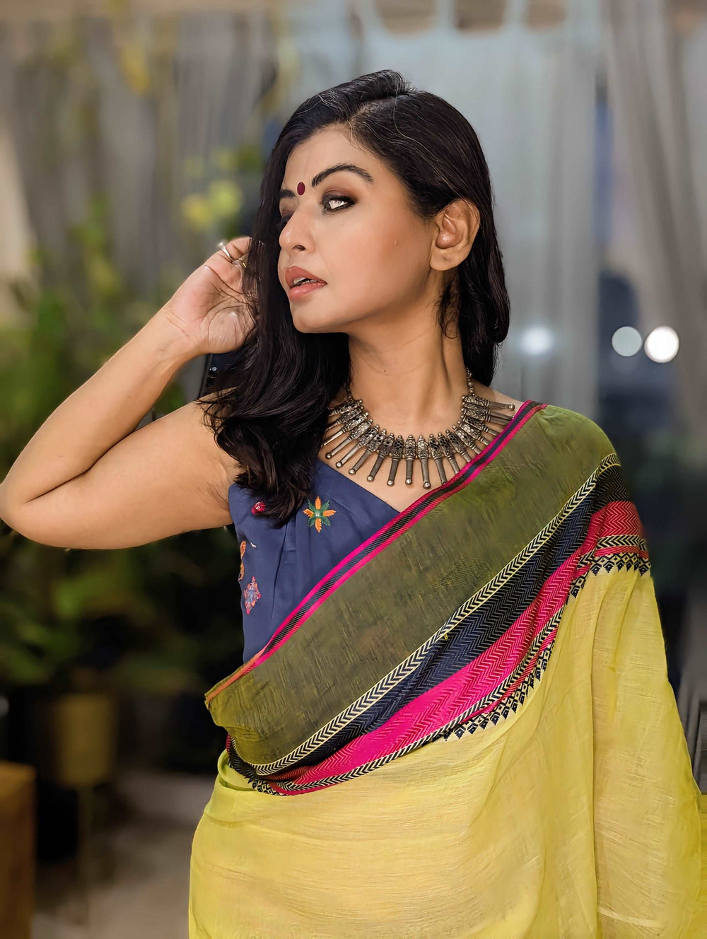 Lime Yellow Bengal Loom Saree