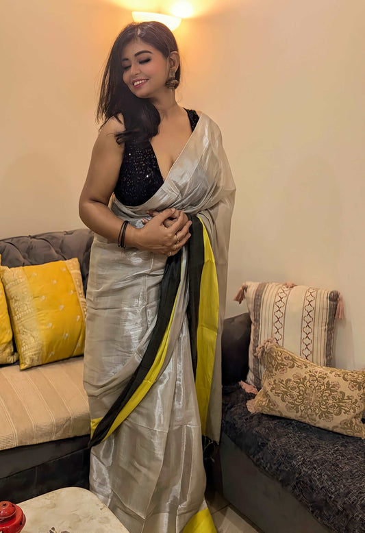 Moonlit Radiance Silver Tissue Saree