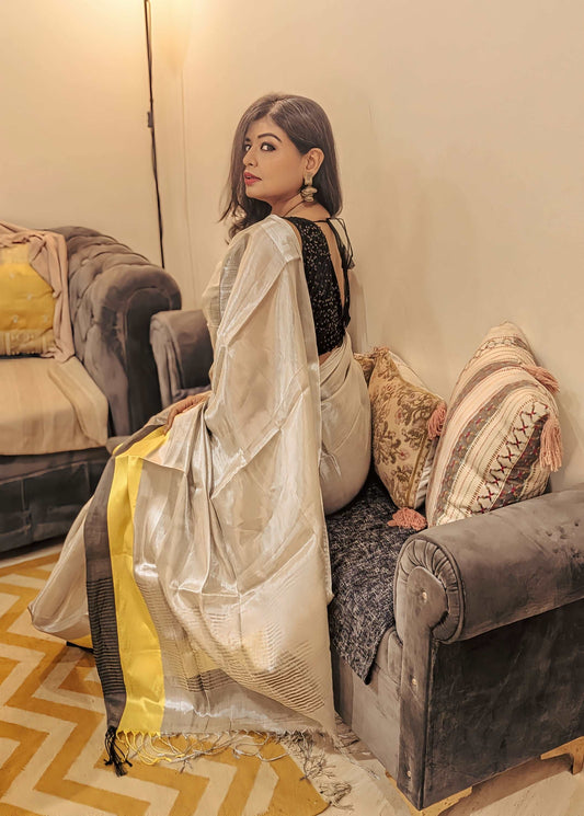 Moonlit Radiance Silver Tissue Saree