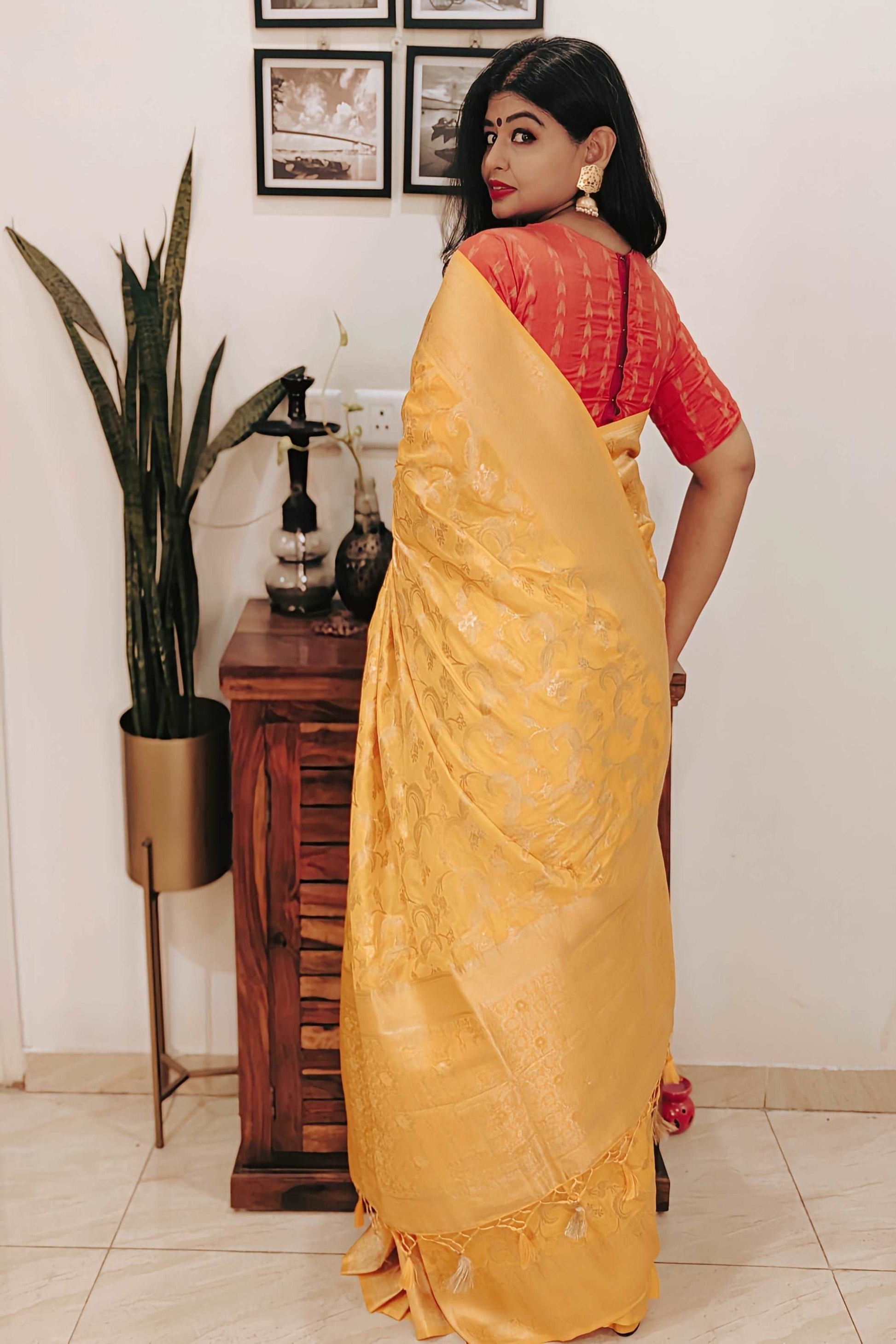 Golden Aura Semi Mustard Yellow Tussar Banarasi Silk Saree