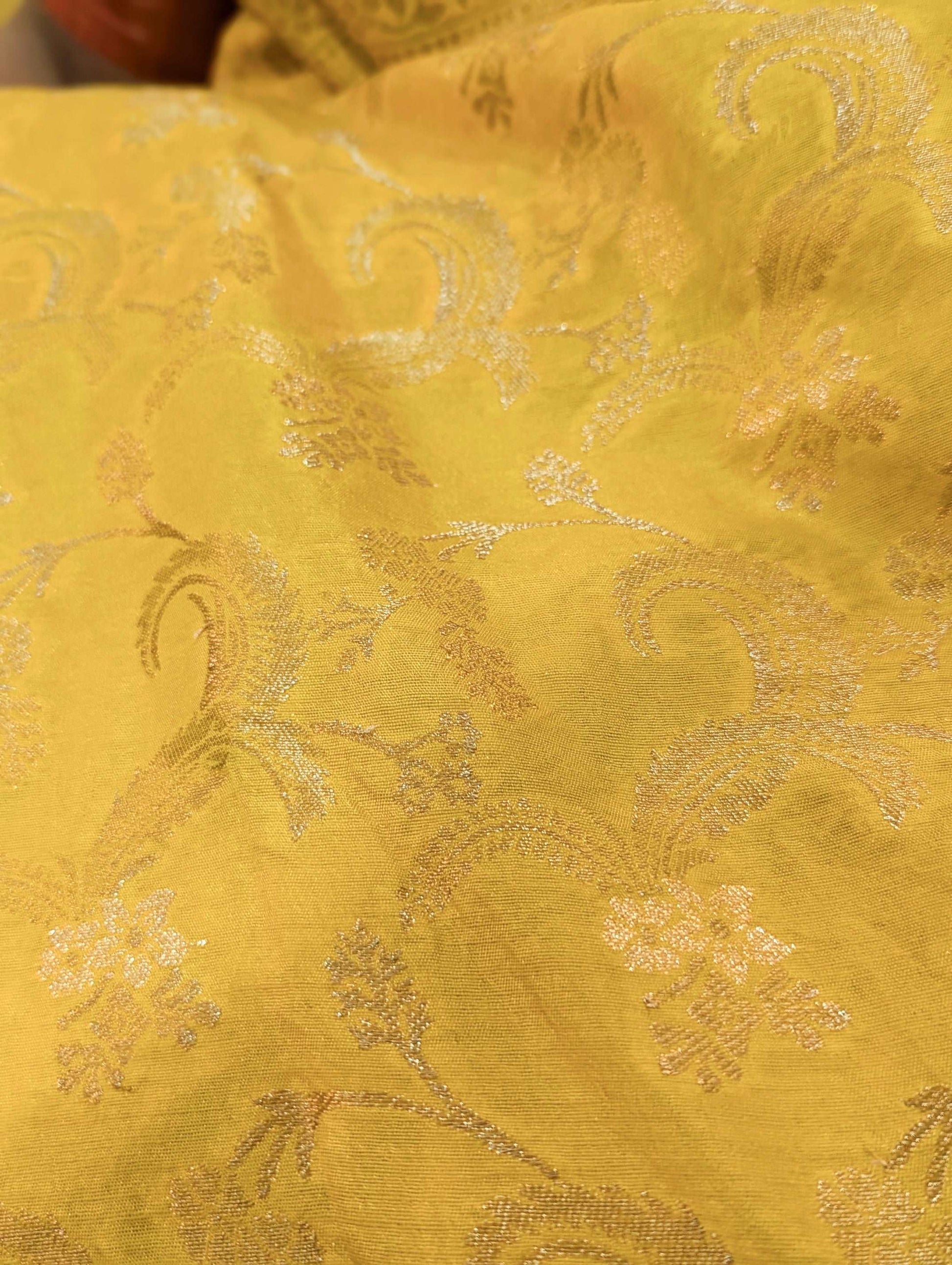 Golden Aura Semi Mustard Yellow Tussar Banarasi Silk Saree