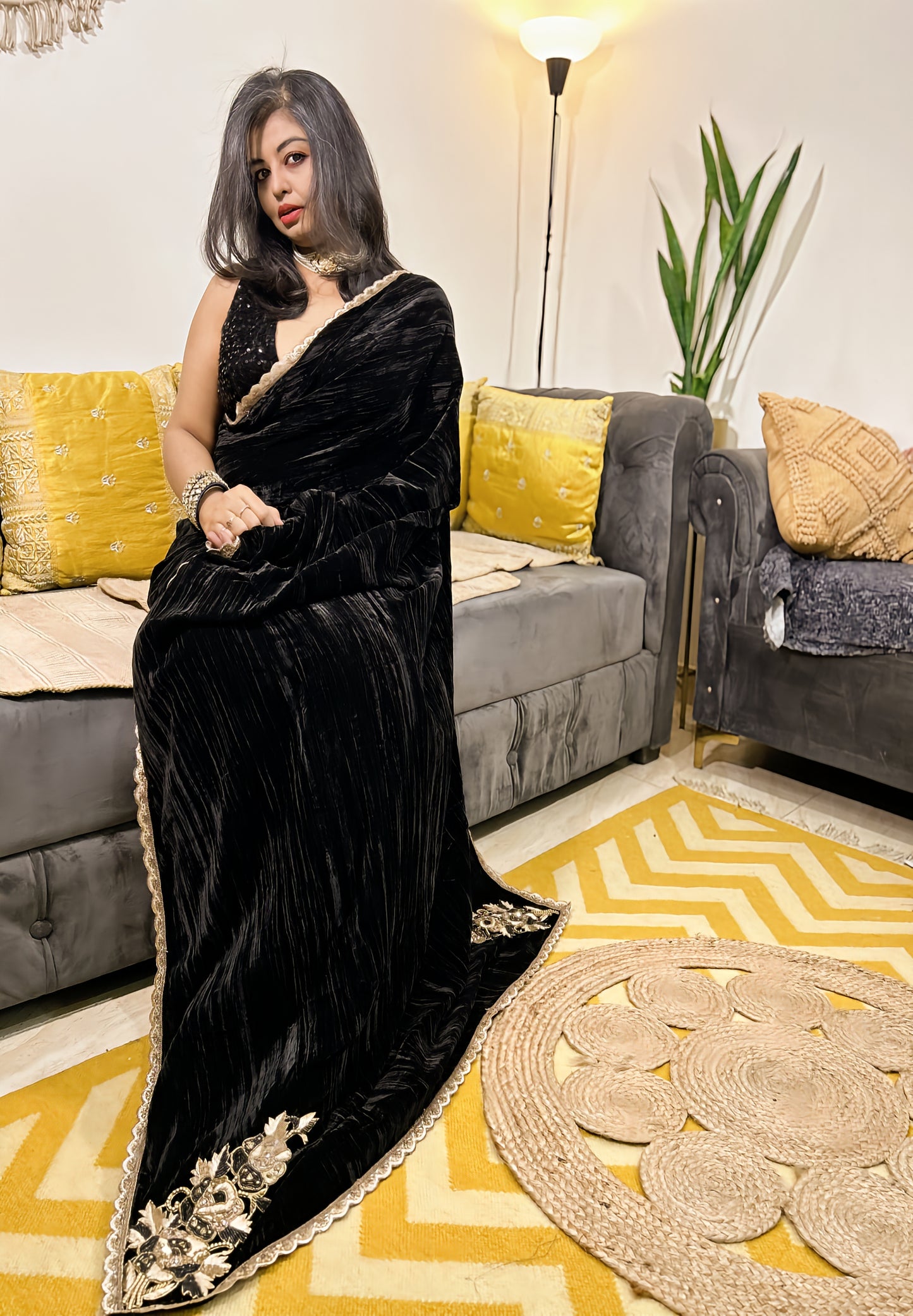 Regal Noir Velvet Saree