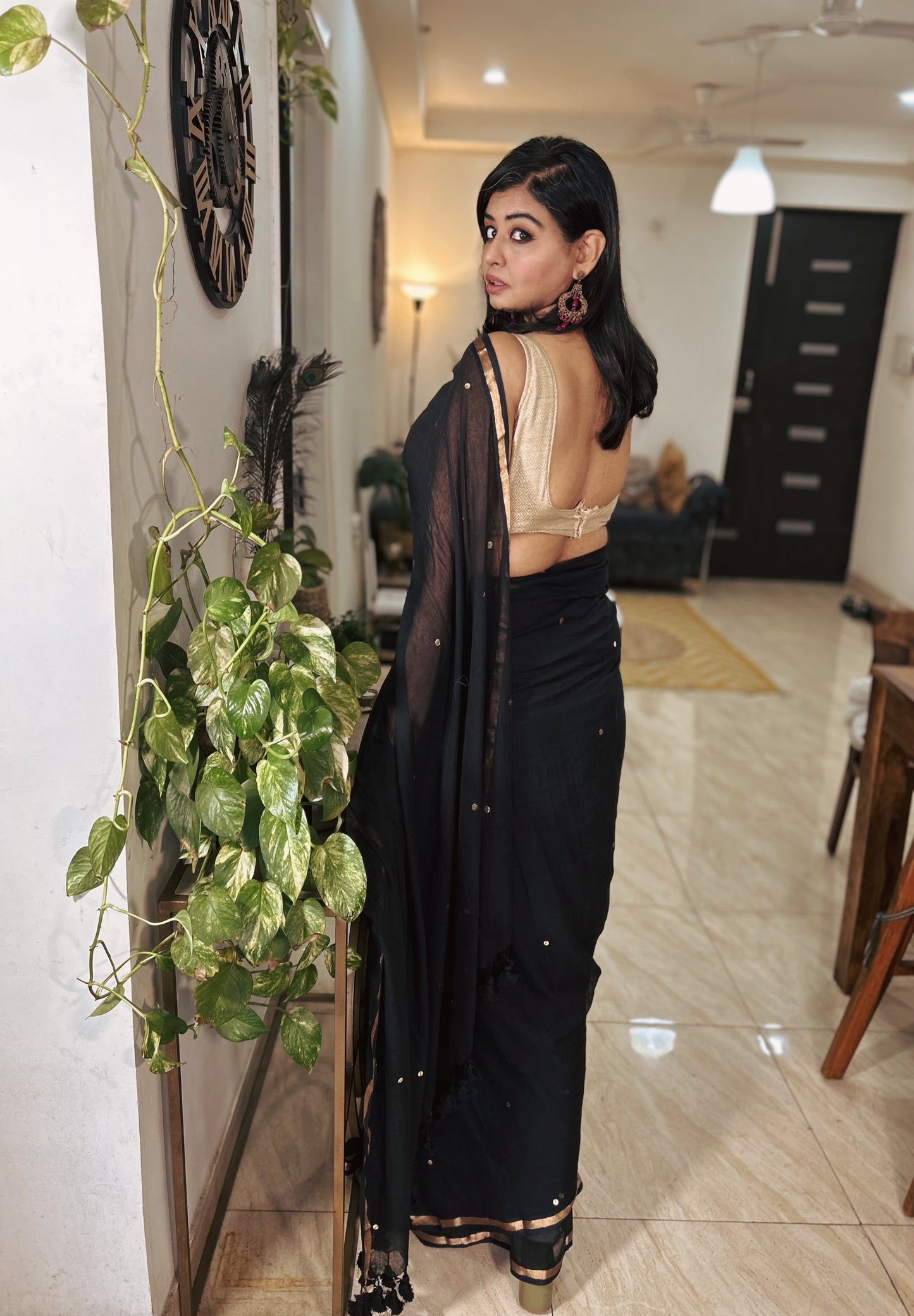 Handloom Black Mul Saree with Sitara Work and Pompom Palla