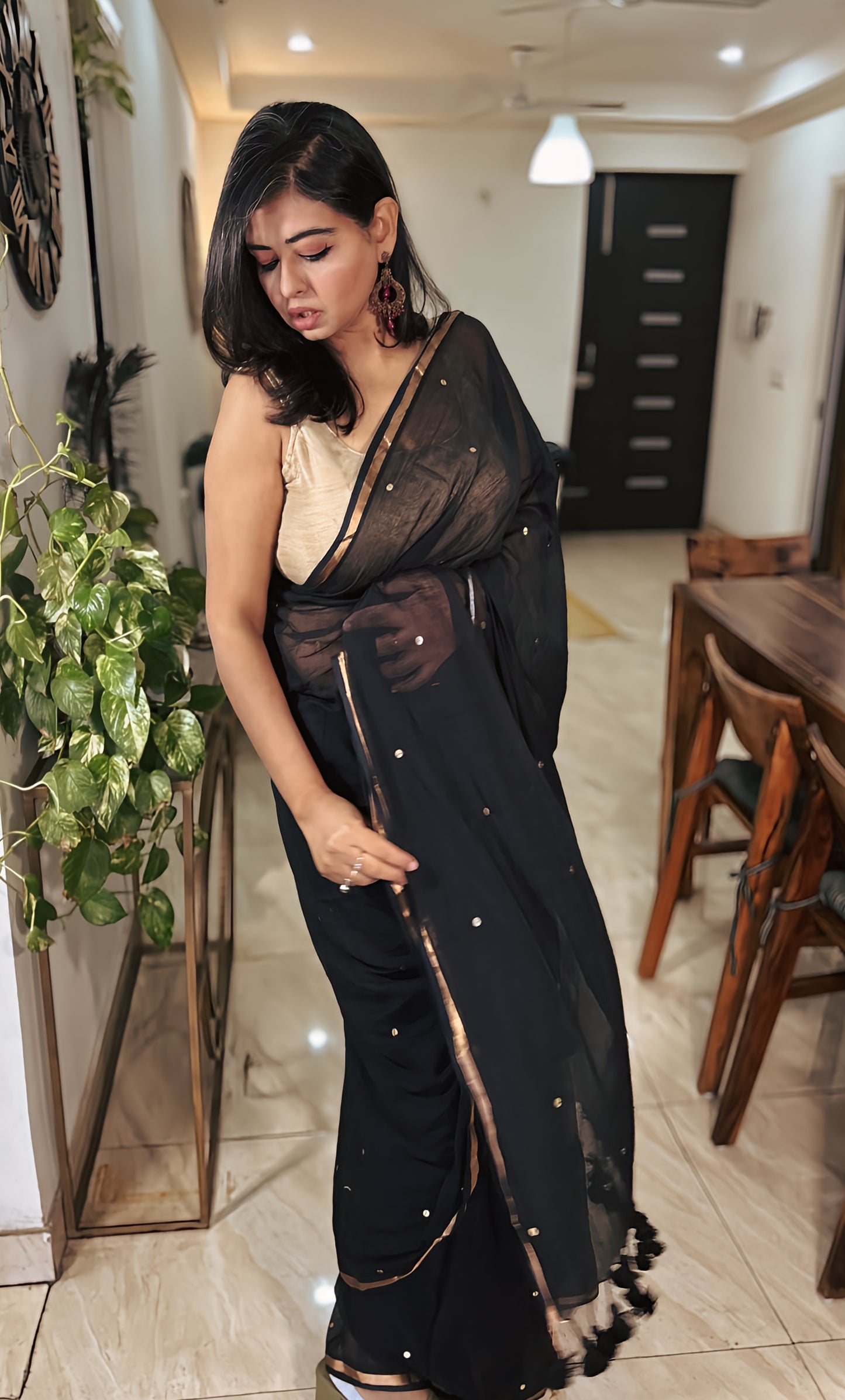 Handloom Black Mul Saree with Sitara Work and Pompom Palla