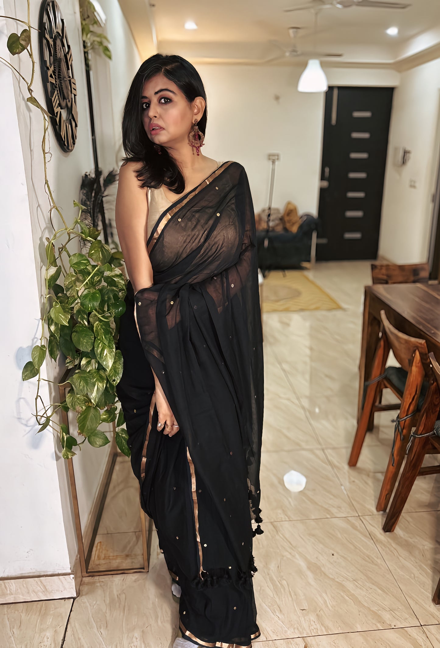 Handloom Black Mul Saree with Sitara Work and Pompom Palla