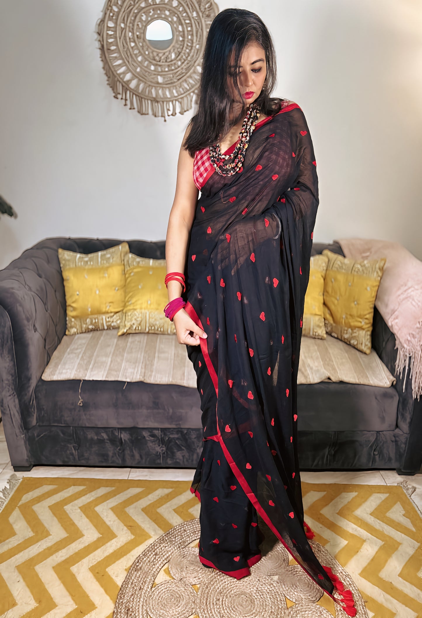 Black Love Knot Bengal Cotton Saree