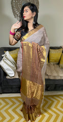 Beige Bloom Handloom Linen Saree with Zari Border