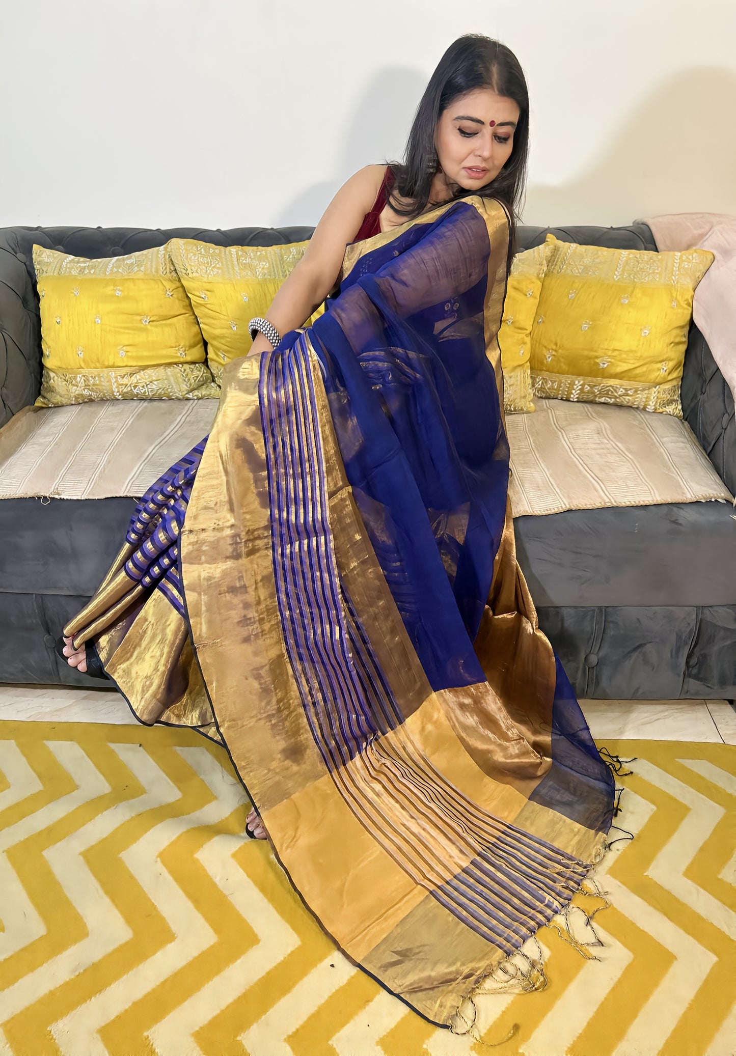 Navy Blue Bloom – Handloom Linen Saree with Blood Red Zari Border
