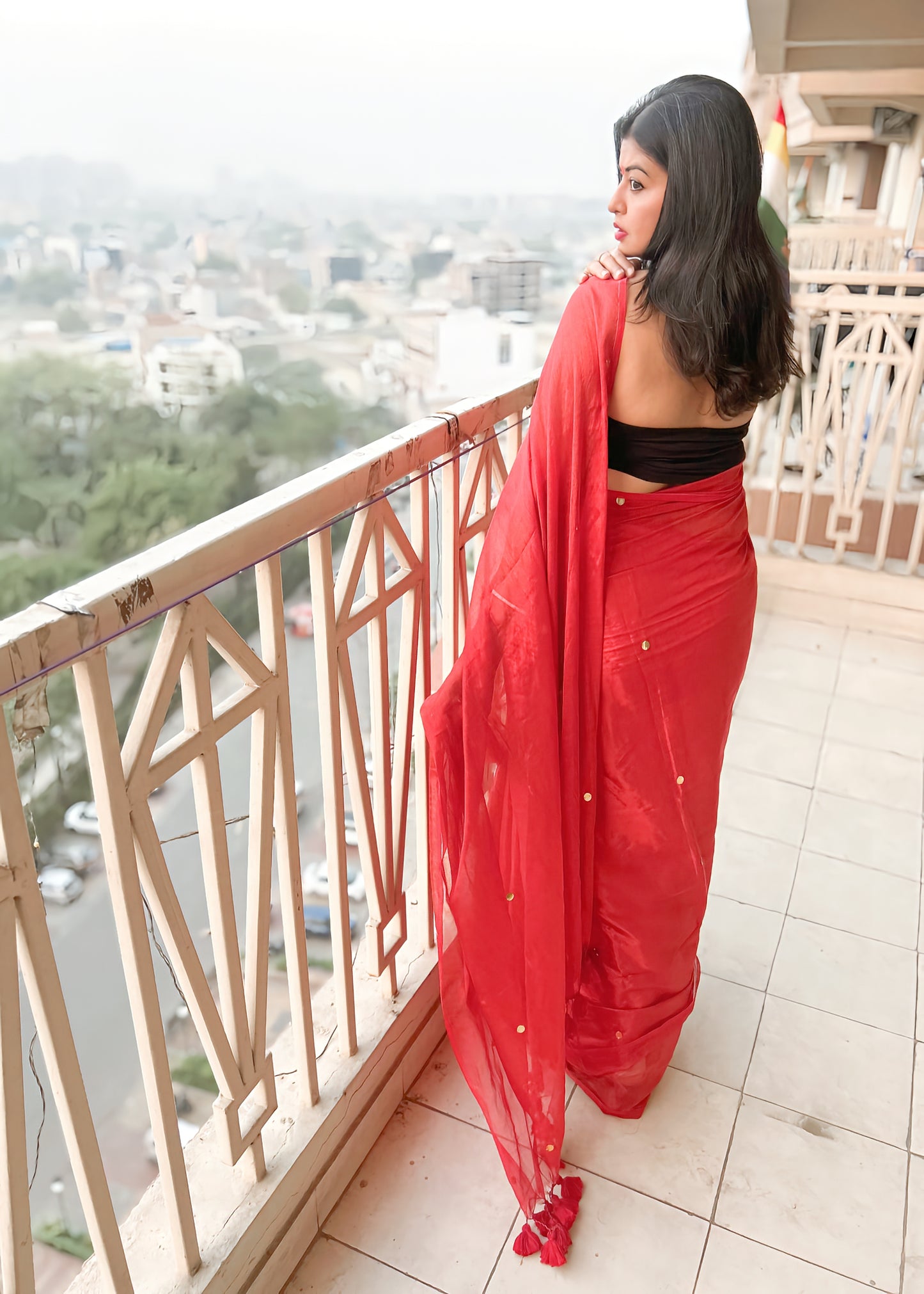 Gulnaar – Deep Red Soft Tissue Saree with Sitara Handwork
