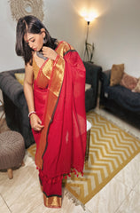 Lalima Handwoven Red Mul Cotton Saree