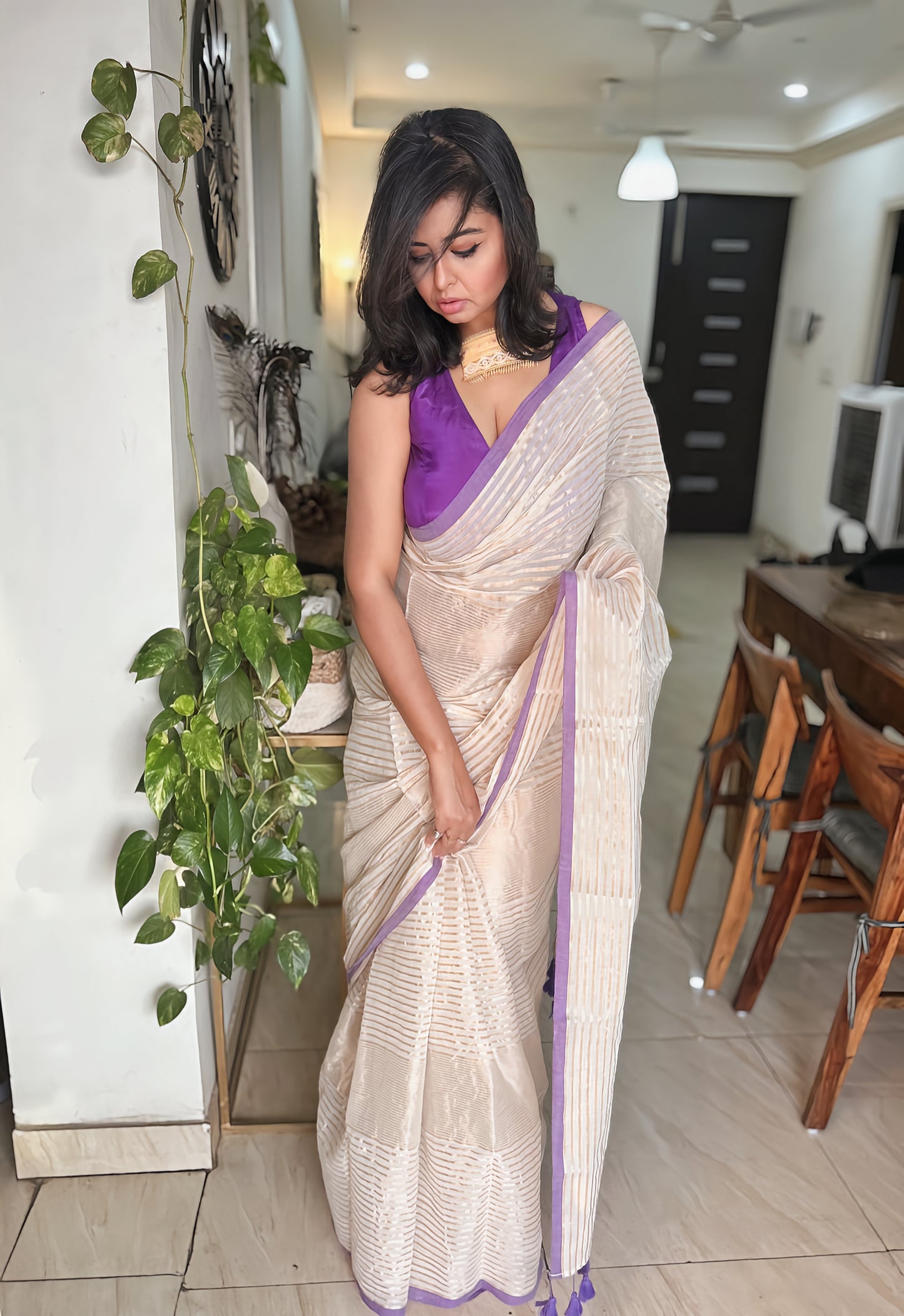 SitaraValli – Off-White Bengal Tissue Saree with Golden Stripes and Purple Border