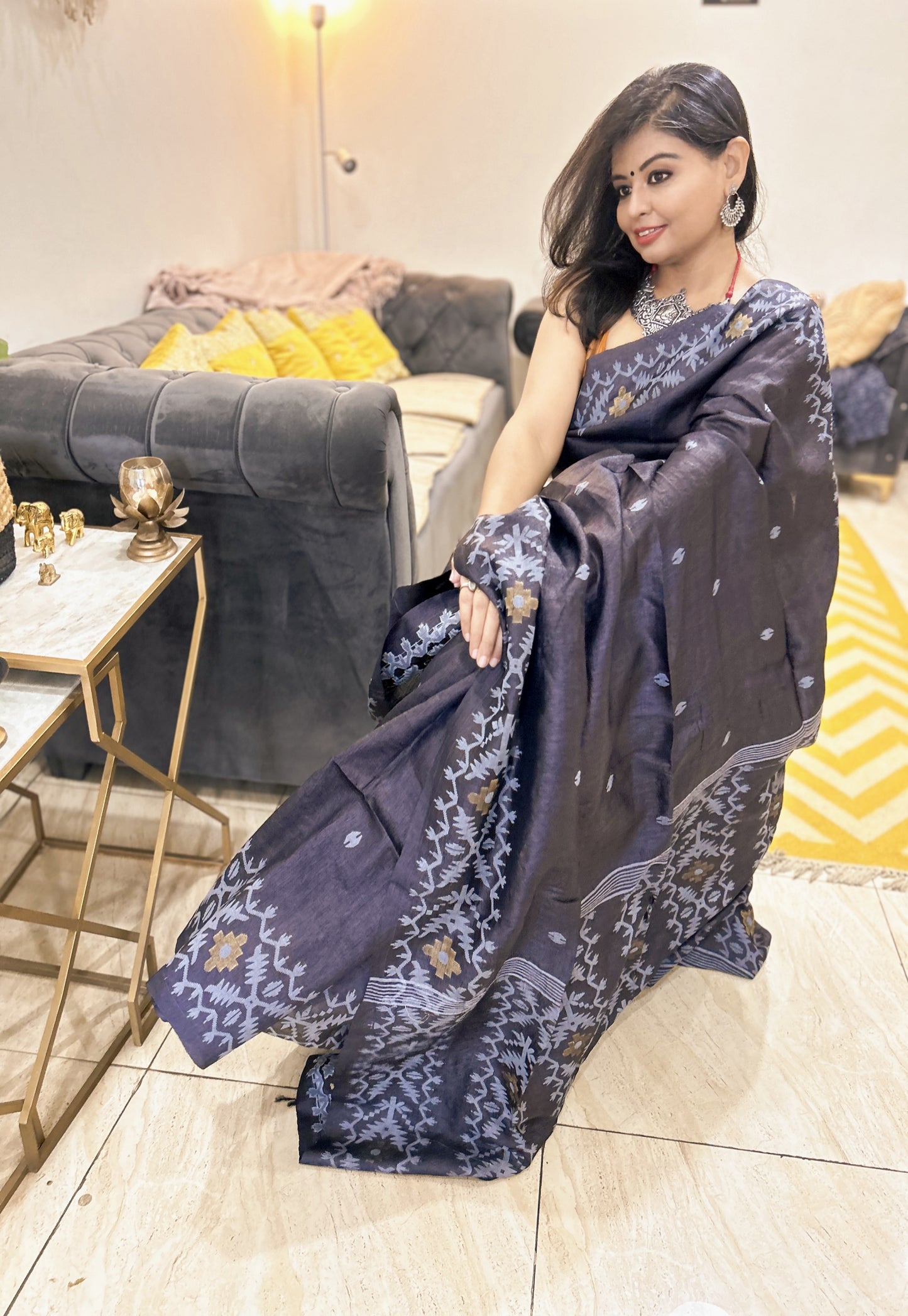 Slate Symphony – Pure Hallmarked Tussar Silk Jamdani Saree