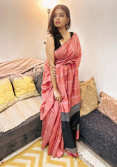 Peach Noir Pure Hallmarked Raw Silk Saree