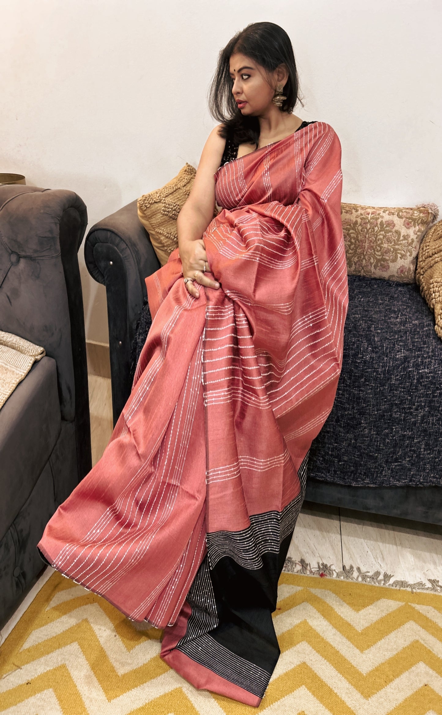 Peach Noir – Pure Hallmarked Kosa Raw Silk Saree