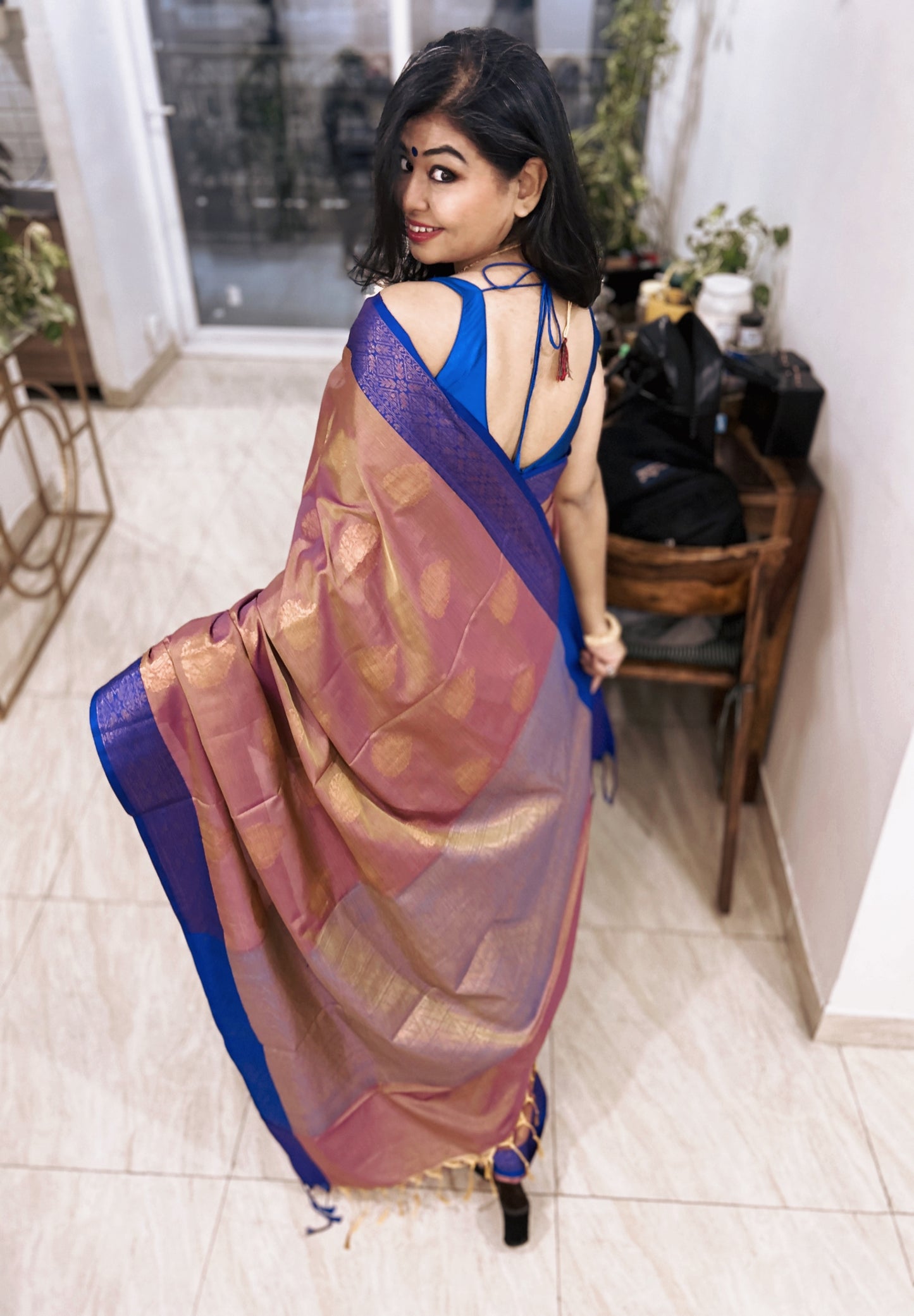 Vaidehi – Royal Blue Border Kanchi Silk Saree in Deep Beige