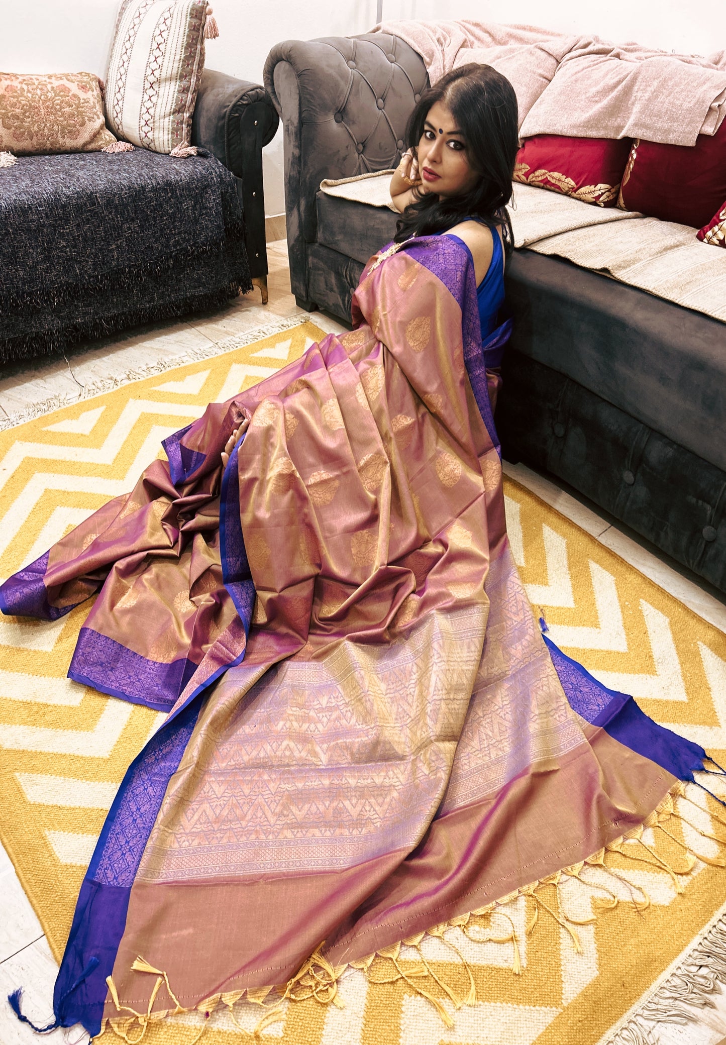 Vaidehi – Royal Blue Border Kanchi Silk Saree in Deep Beige