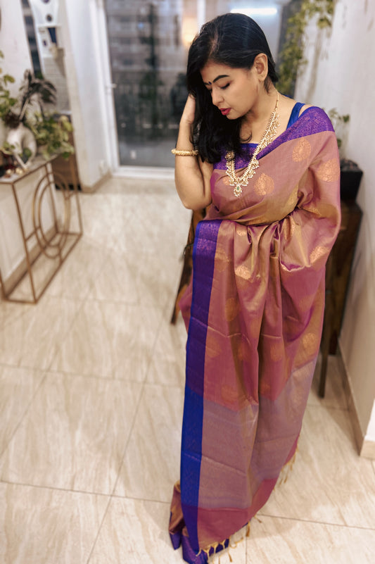 Vaidehi – Royal Blue Border Kanchi Silk Saree in Deep Beige