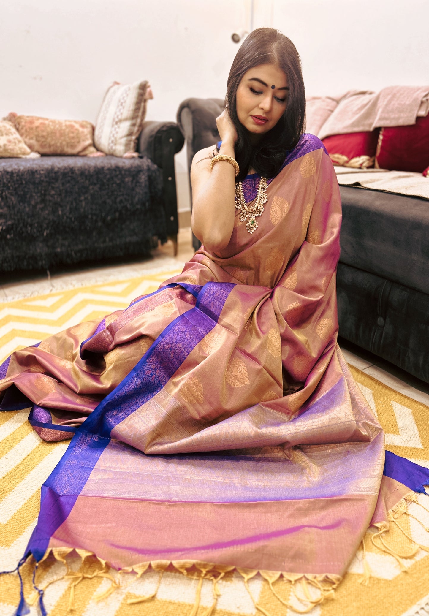 Vaidehi – Royal Blue Border Kanchi Silk Saree in Deep Beige