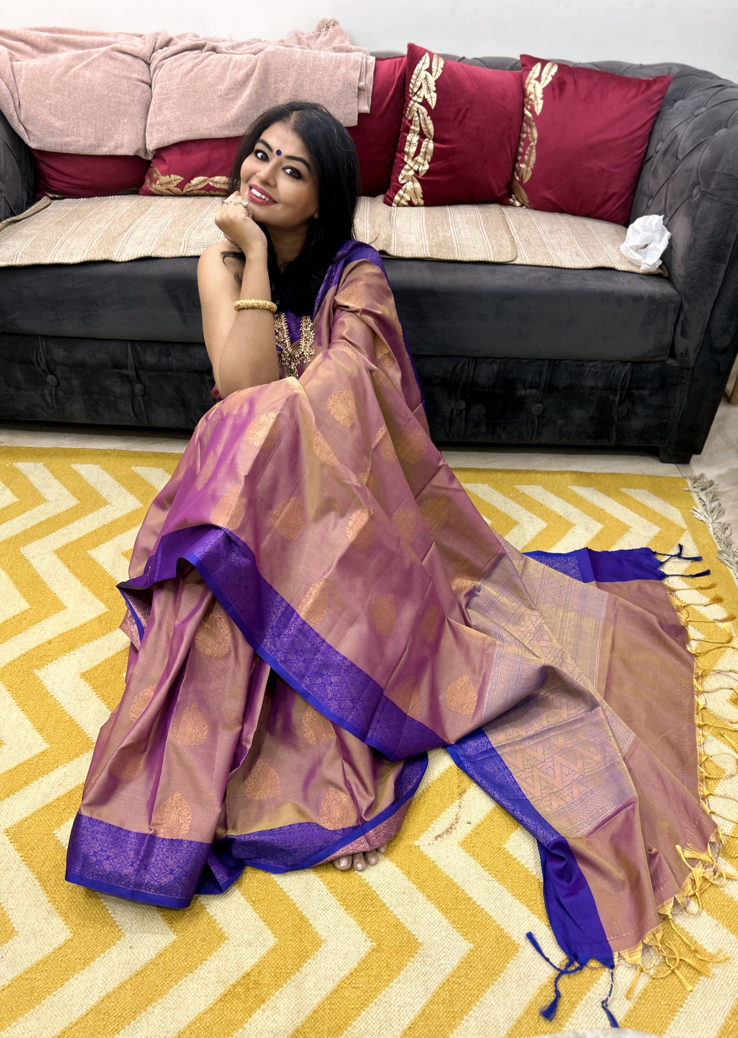 Vaidehi – Royal Blue Border Kanchi Silk Saree in Deep Beige