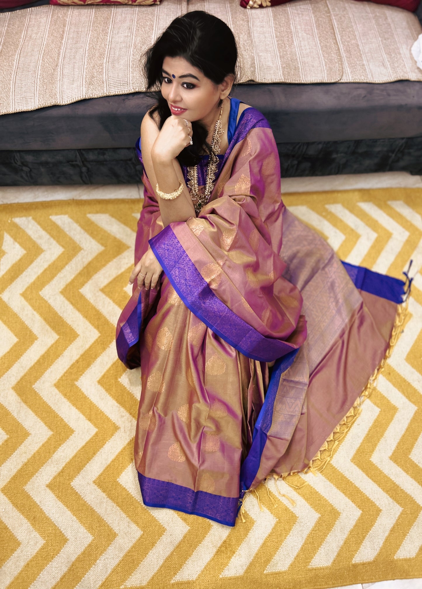 Vaidehi – Royal Blue Border Kanchi Silk Saree in Deep Beige