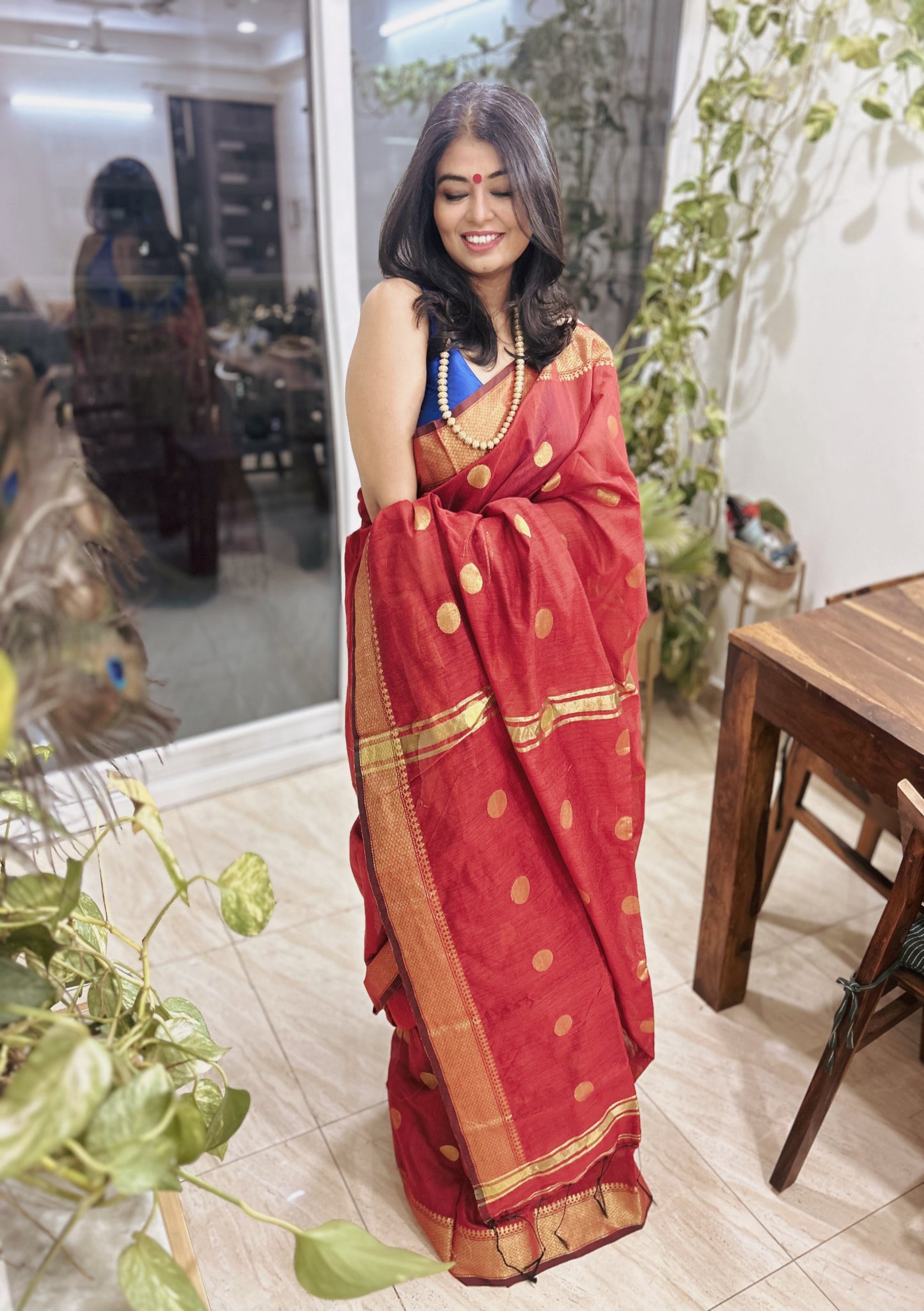 Rudrani – Deep Rustic Red Maheshwari Inspired Bengal Cotton Silk Saree