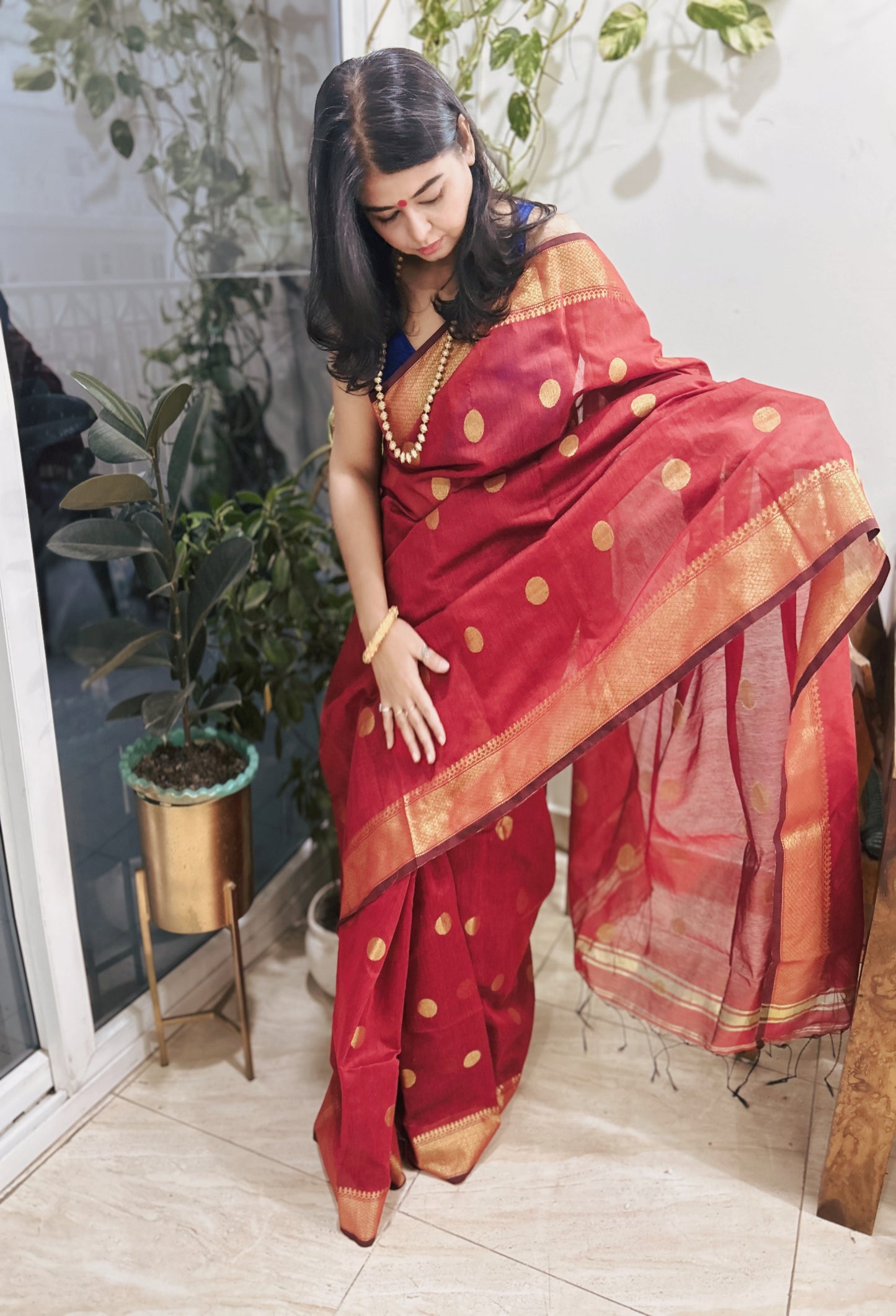 Rudrani – Deep Rustic Red Maheshwari Inspired Bengal Cotton Silk Saree