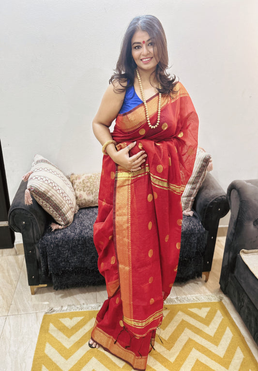 Rudrani – Deep Rustic Red Maheshwari Inspired Bengal Cotton Silk Saree