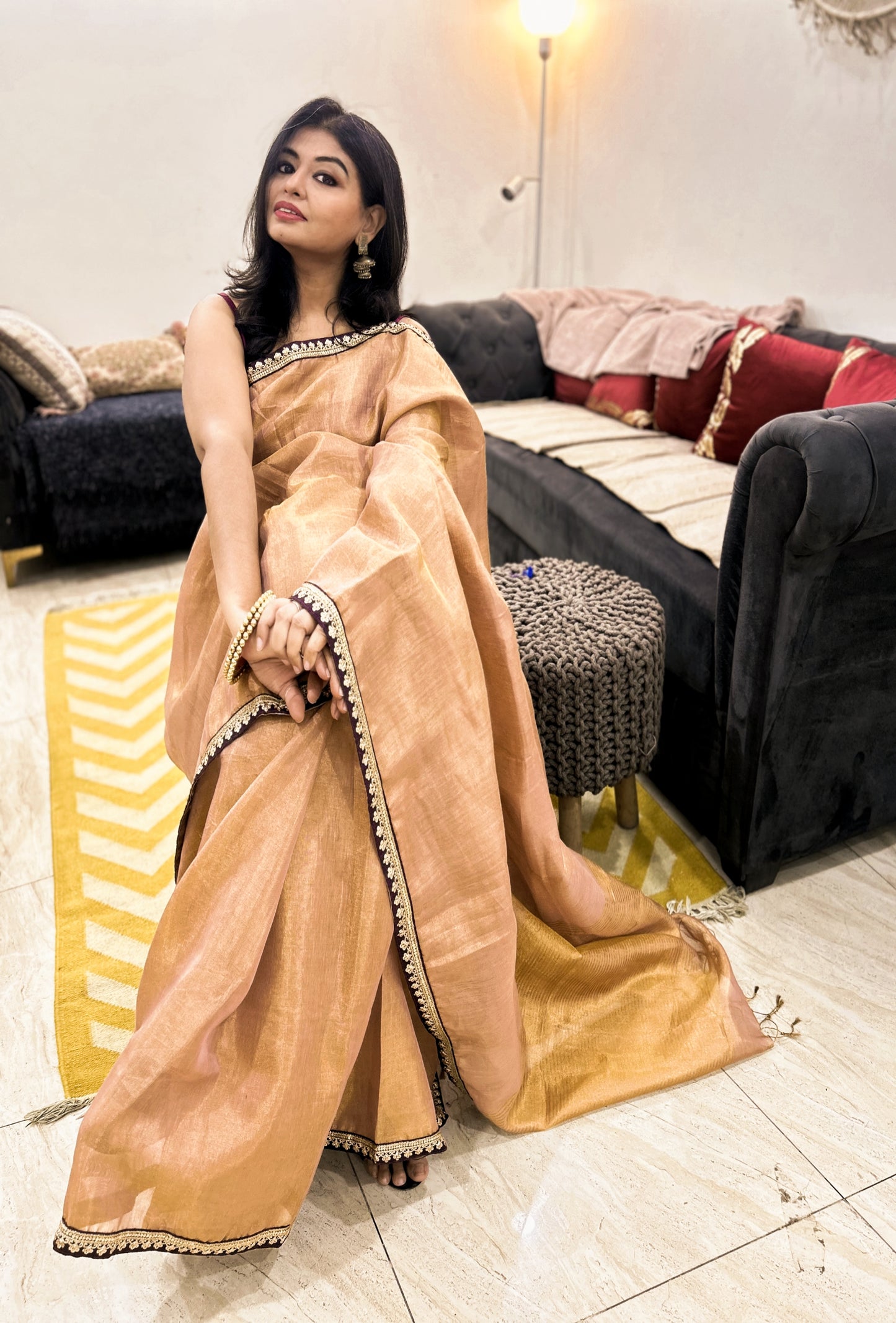 Ishira – Light Golden Tissue Linen Saree with Wine Zardosi Lace Border