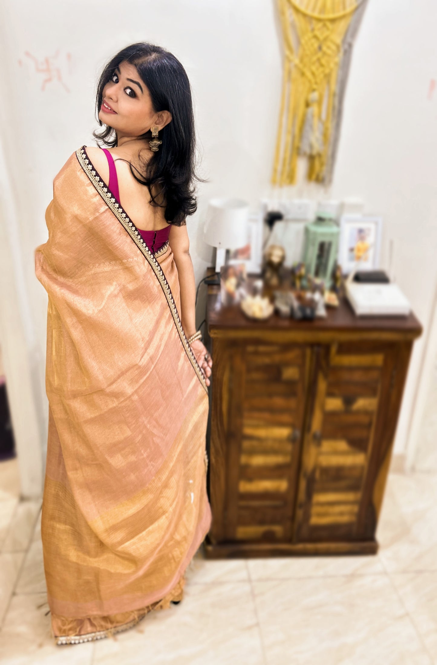 Ishira – Light Golden Tissue Linen Saree with Wine Zardosi Lace Border