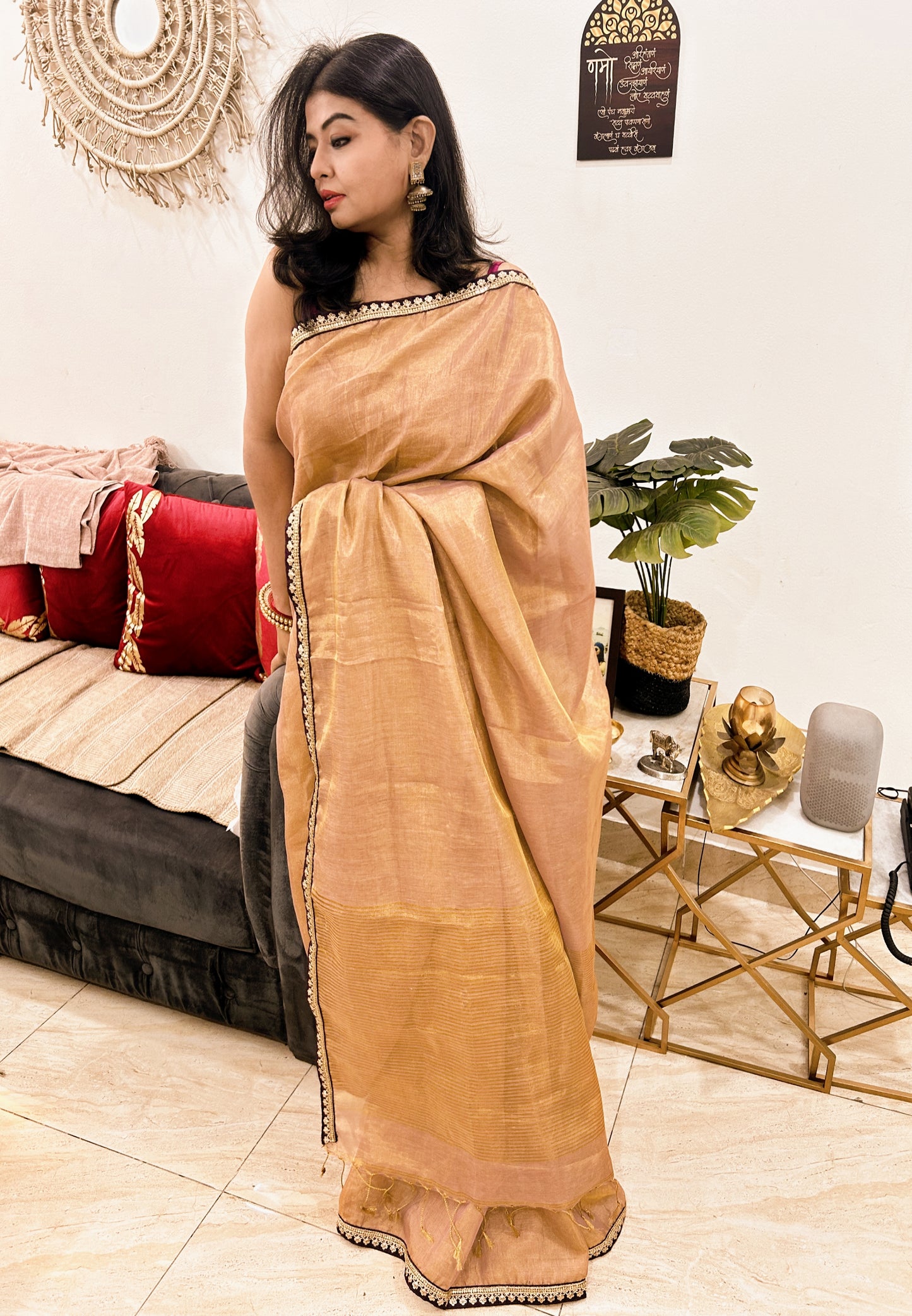Ishira – Light Golden Tissue Linen Saree with Wine Zardosi Lace Border
