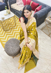 Luxury Neon Green Banarasi Mashru Silk Saree With Lace Border