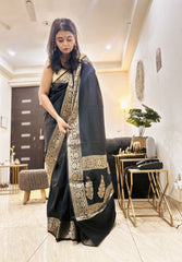 Sunehri Noir Semi Katan Silk Saree With Metallic Gold Glow