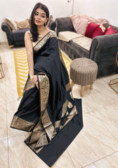 Sunehri Noir Semi Katan Silk Saree With Metallic Gold Glow