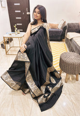Sunehri Noir Semi Katan Silk Saree With Metallic Gold Glow