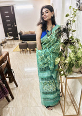 Elegant Green Blue Linen Saree With Authentic Ajrakh Craft
