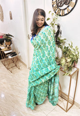 Elegant Green Blue Linen Saree With Authentic Ajrakh Craft
