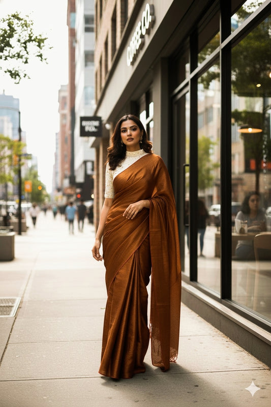 Sharini - Deep Copper Soft Tissue Saree with Red Border