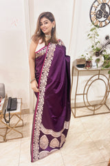 Luxury Amethyst Mashru Silk Saree With Elegant Zari Border