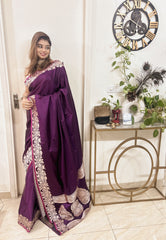 Luxury Amethyst Mashru Silk Saree With Elegant Zari Border