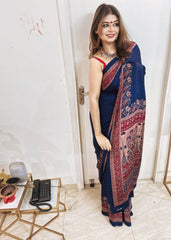 Premium Ink Blue Crape Silk Saree With Elegant Print