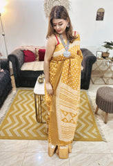 Elegant Maheshwari Cotton Silk Saree With Mustard Gold Tones