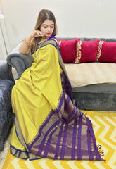 Luxury Yellow Green Kanchipuram Soft Silk Saree With Zari