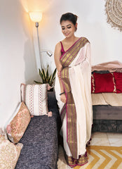 Ivory Handloom Mul Saree With Minimalist Heritage Weaving