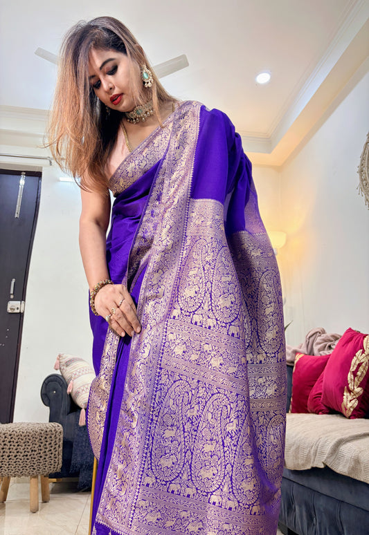 Royal Violet Banarasi Crepe Silk Saree with Jangla Weaving