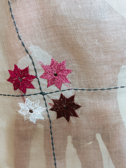 Handloom White Mul Cotton Saree with Pink Hand Embroidery & Kantha Checks