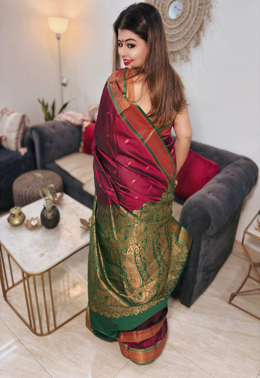 Royal Maroon & Green Kanchipuram Silk Saree with Zari Border