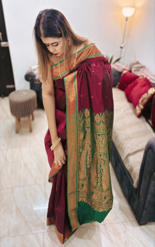 Royal Maroon & Green Kanchipuram Silk Saree with Zari Border